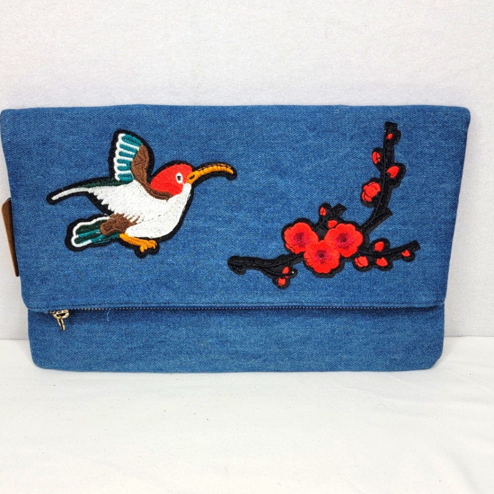 Bam Forever Navy Blue Denim Clutch with Bird Amd Flower Applique P205